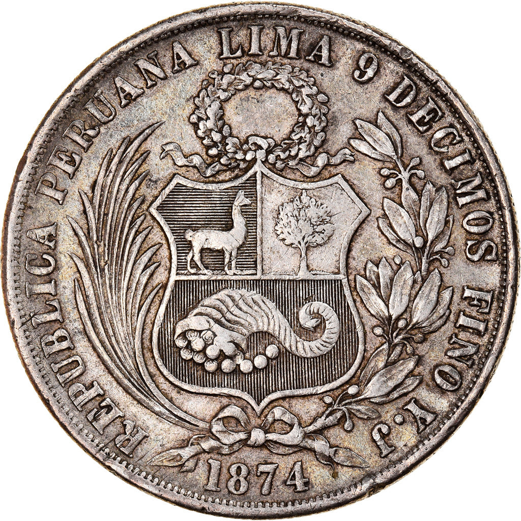 Coin, Peru, SOUTH PERU, Sol, 1874, Lima, VF(30-35), Silver, KM:196.3