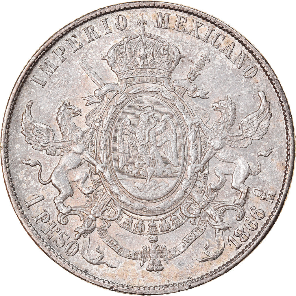 Coin, Mexico, Maximilian, Peso, 1866, Mexico City, MS(60-62), Silver, KM:388.1