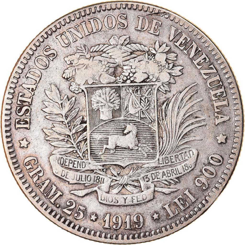 Coin, Venezuela, Gram 25, 5 Bolivares, 1919, EF(40-45), Silver, KM:24.2