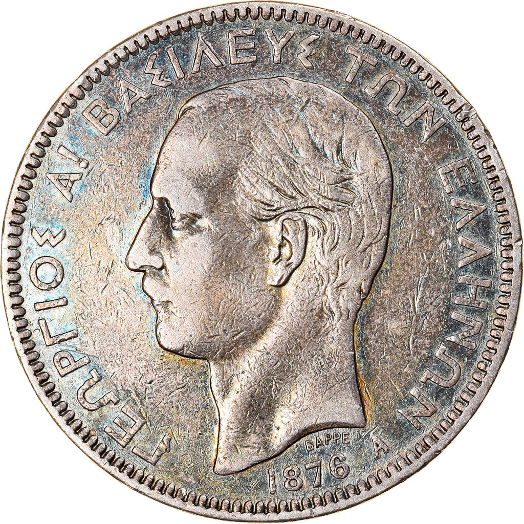 Coin, Greece, George I, 5 Drachmai, 1876, Paris, AU(50-53), Silver, KM:46