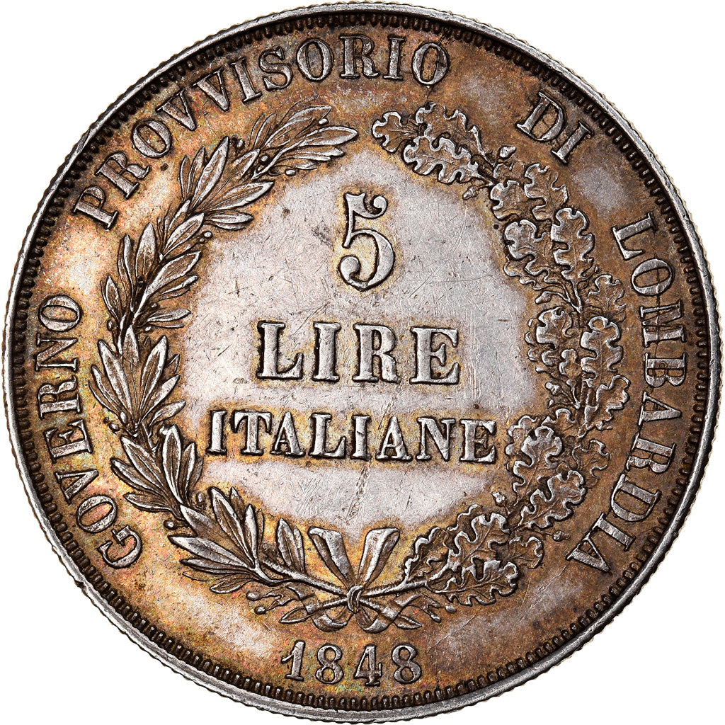 Coin, ITALIAN STATES, LOMBARDY-VENETIA, 5 Lire, 1848, Milan, MS(60-62), Silver