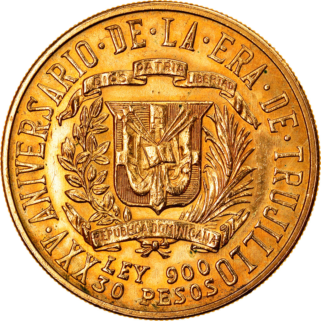 Moeda, República Dominicana, 30 Pesos, 1955, MS(60-62), Dourado, KM:24