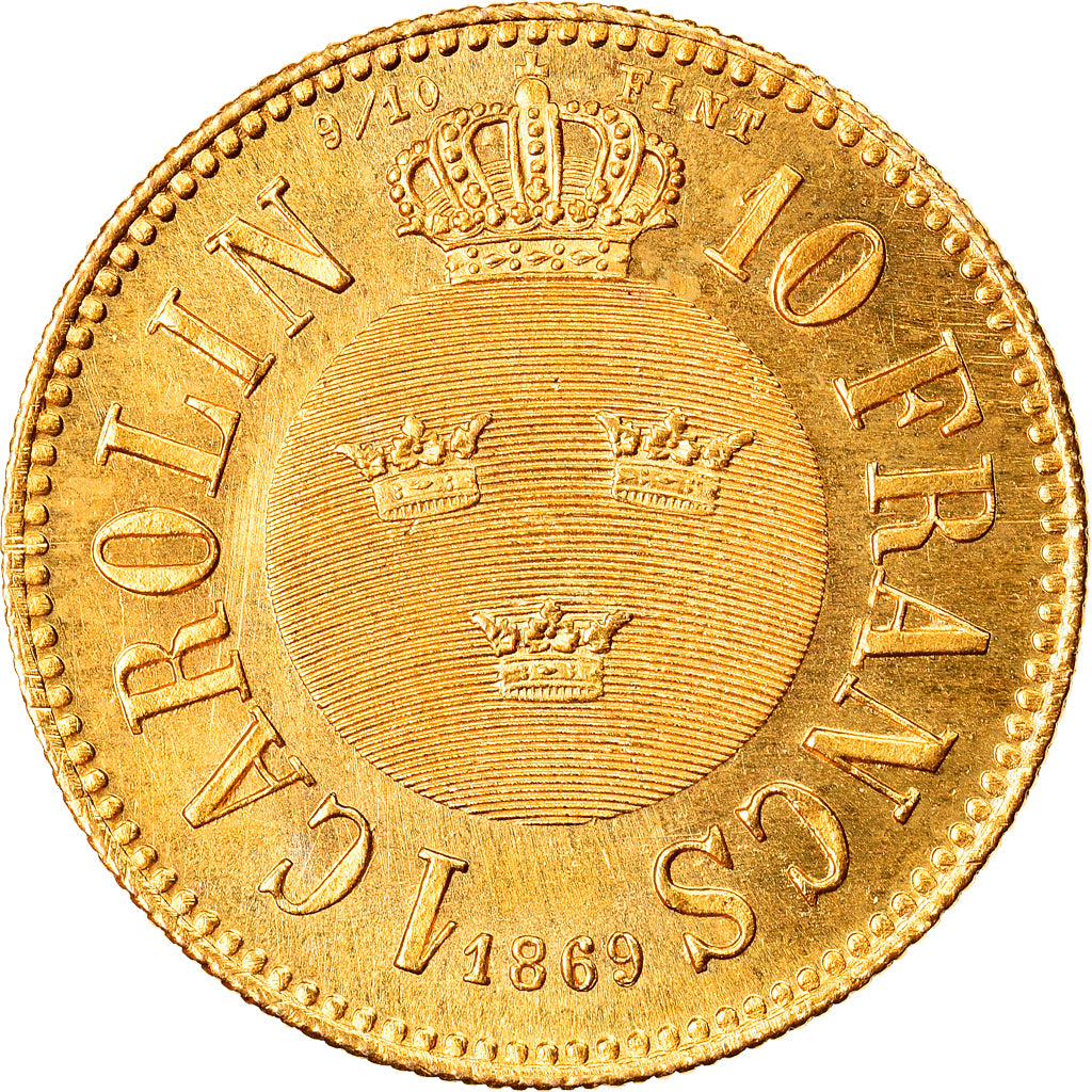 Münze, Schweden, Carl XV Adolf, Carolin, 10 Francs, 1869, UNZ, Gold, KM:716