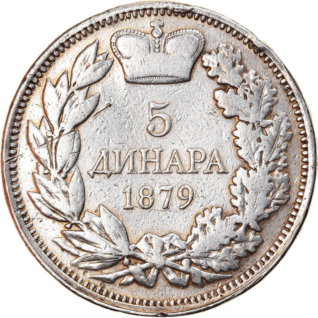 Coin, Serbia, Milan I, 5 Dinara, 1879, EF(40-45), Silver, KM:12