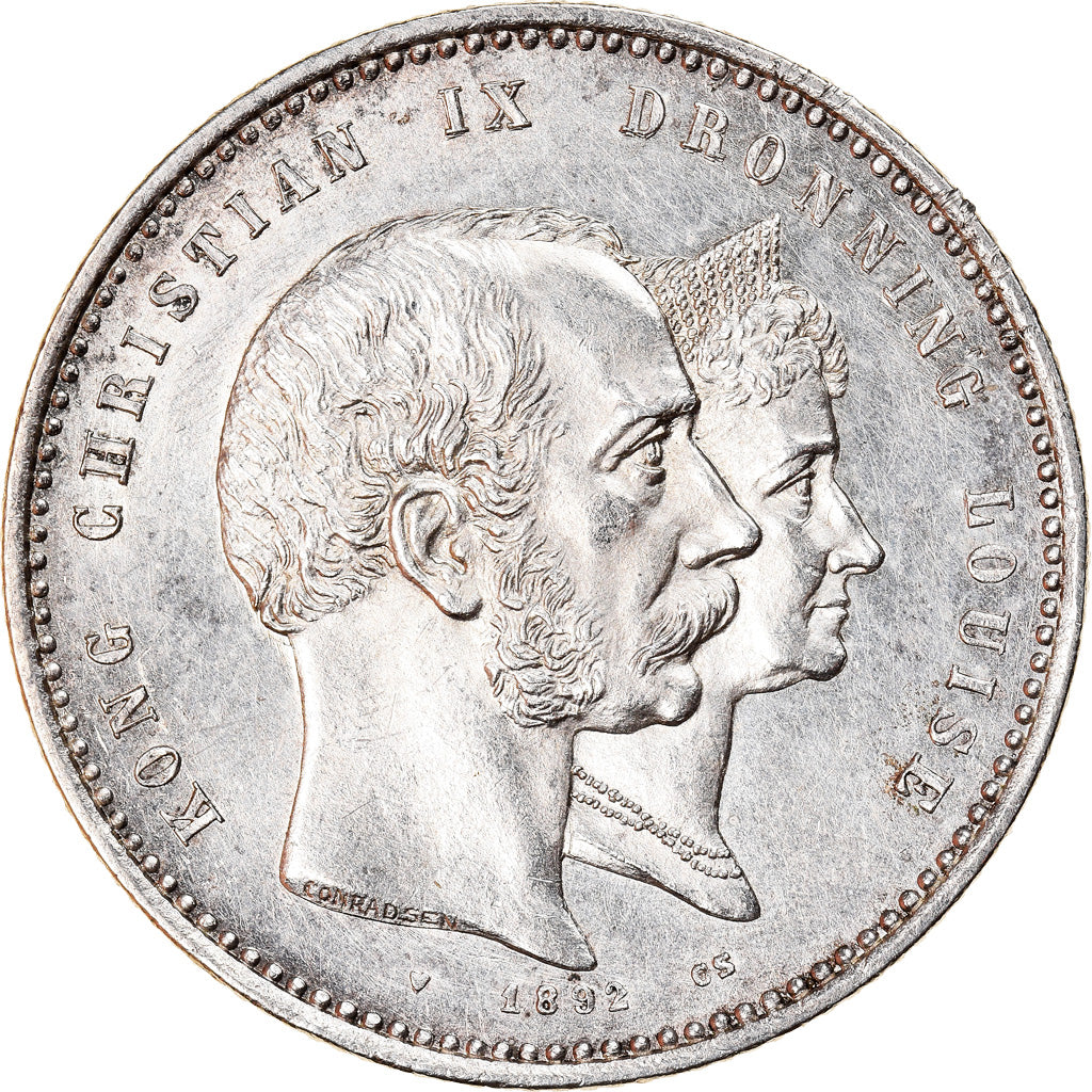 Coin, Denmark, Christian IX, 2 Kroner, 1892, Copenhagen, AU(55-58), Silver