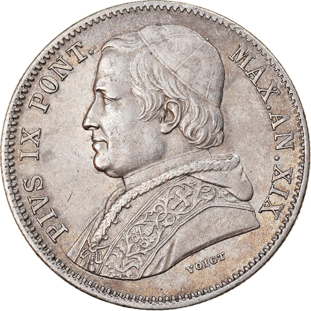 Coin, ITALIAN STATES, PAPAL STATES, Pius IX, 20 Baiocchi, 1865, Rome, AU(55-58)