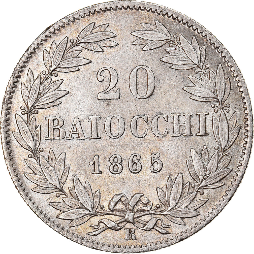 Coin, ITALIAN STATES, PAPAL STATES, Pius IX, 20 Baiocchi, 1865, Rome, AU(55-58)