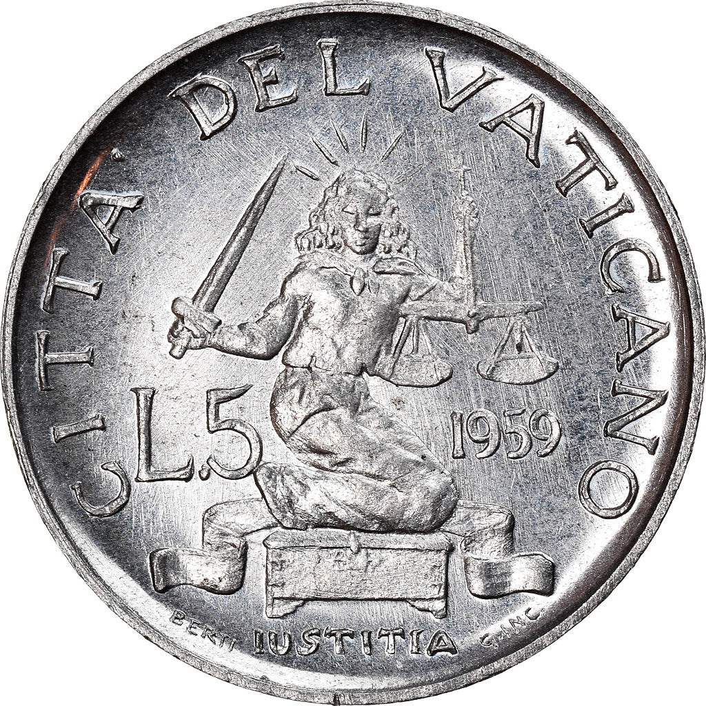 Coin, VATICAN CITY, John XXIII, 5 Lire, 1959, MS(64), Aluminum, KM:60.1