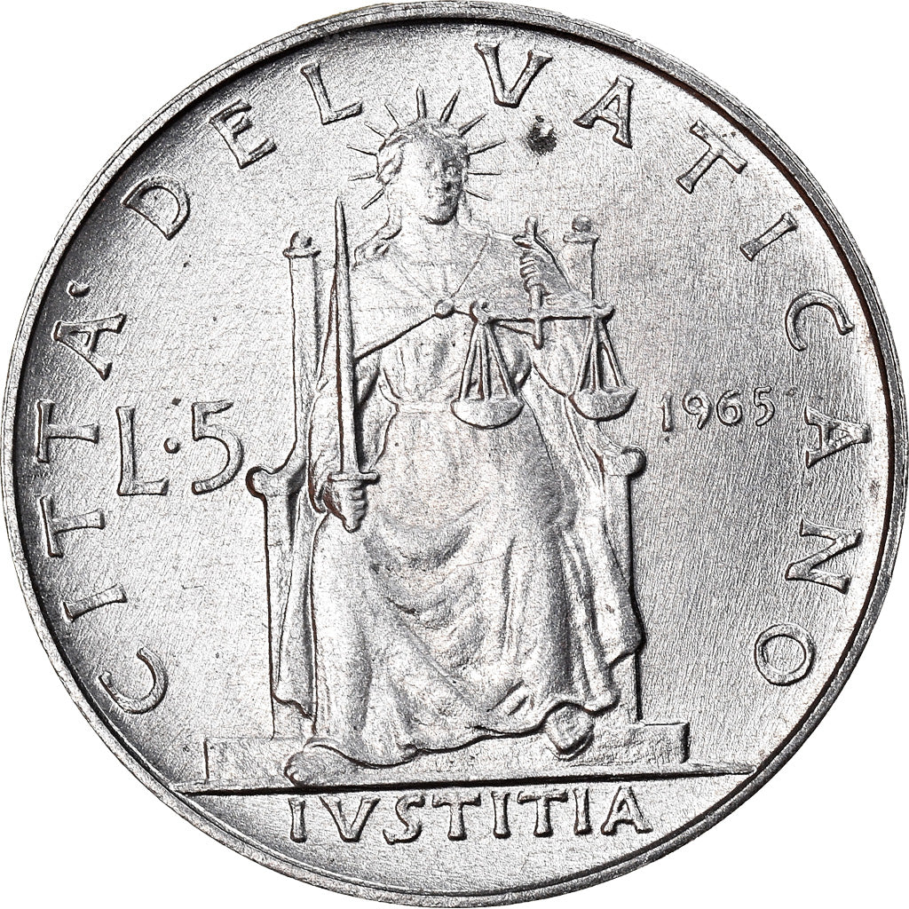 Moneda, CIUDAD DEL VATICANO, Paul VI, 5 Lire, 1965, SC, Aluminio, KM:78.2