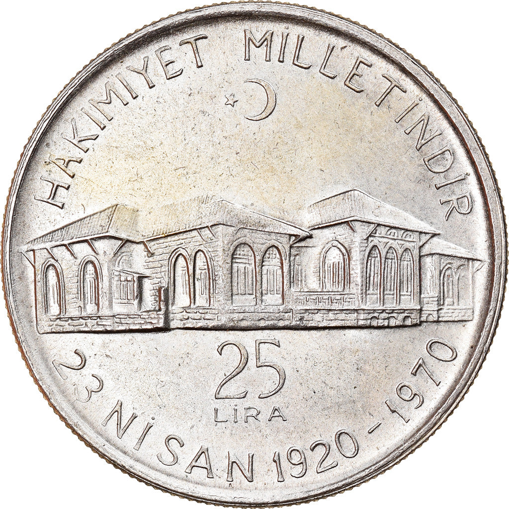 Coin, Turkey, 25 Lira, 1970, MS(60-62), Silver, KM:897