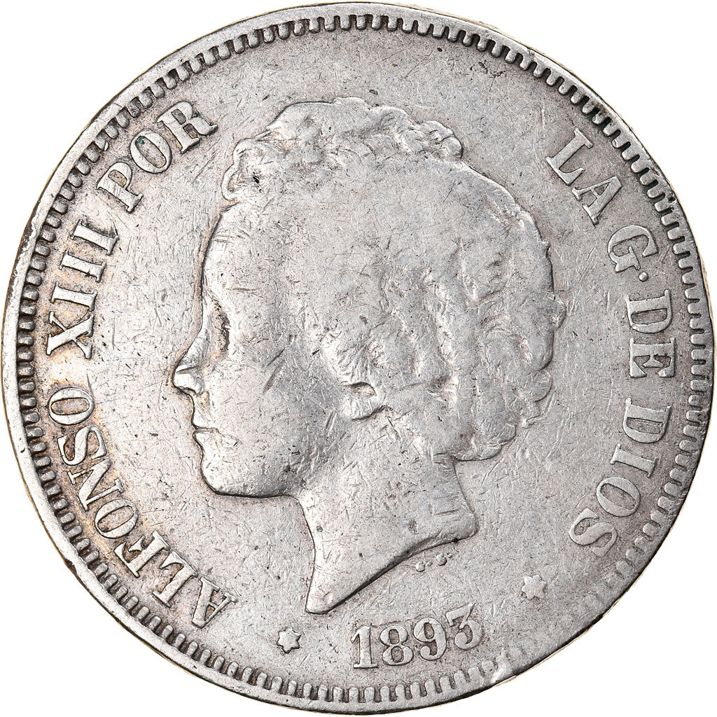 Moeda, Espanha, Alfonso XIII, 5 Pesetas, 1893, Madrid, VF(30-35), Prata, KM:700