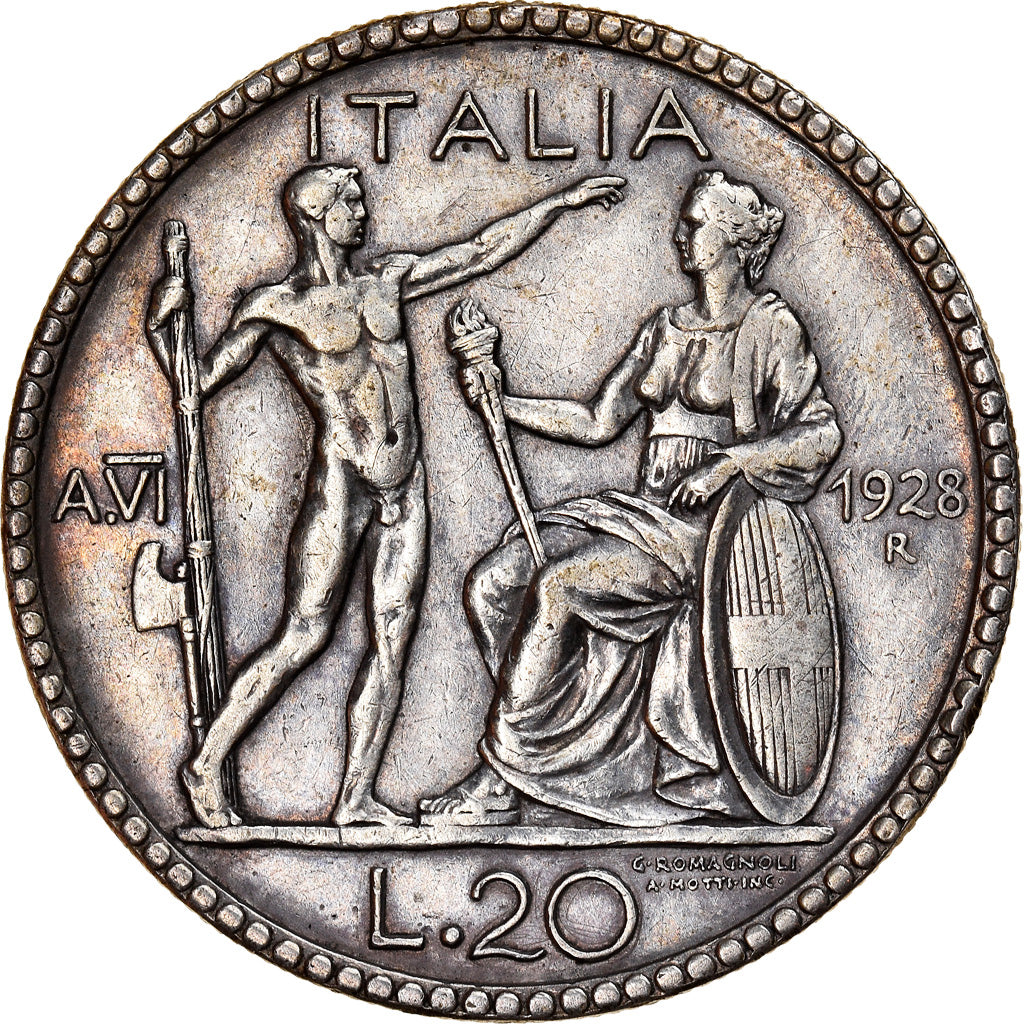 Coin, Italy, Vittorio Emanuele III, 20 Lire, 1928, Rome, AU(50-53), Silver