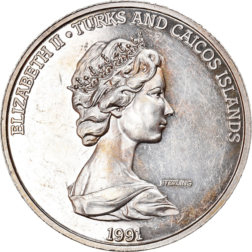 Coin, TURKS & CAICOS ISLANDS, Elizabeth II, 20 Crowns, 1991, MS(65-70), Silver