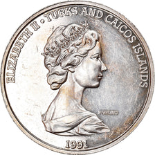 Coin, TURKS & CAICOS ISLANDS, Elizabeth II, 20 Crowns, 1991, MS(65-70), Silver