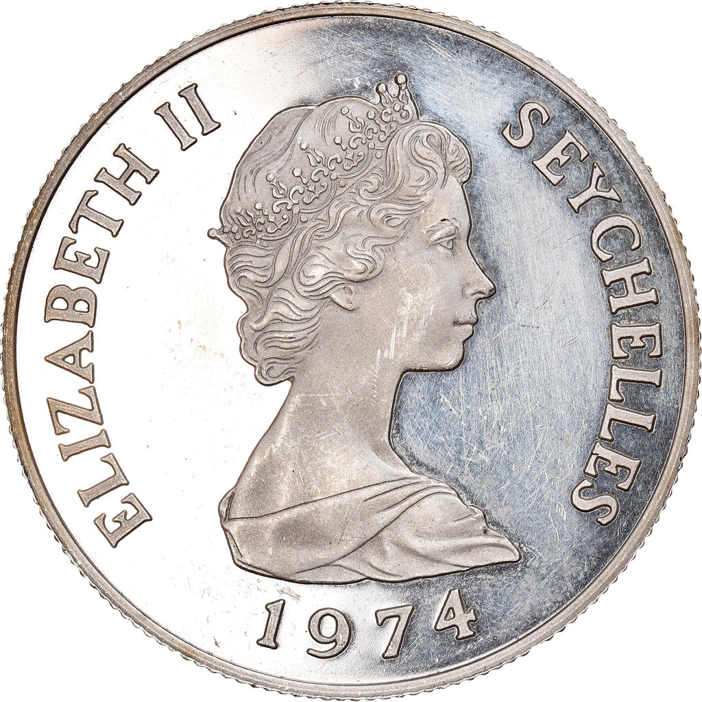 Moeda, Seicheles, 10 Rupees, 1974, British Royal Mint, MS(65-70), Prata, KM:20a