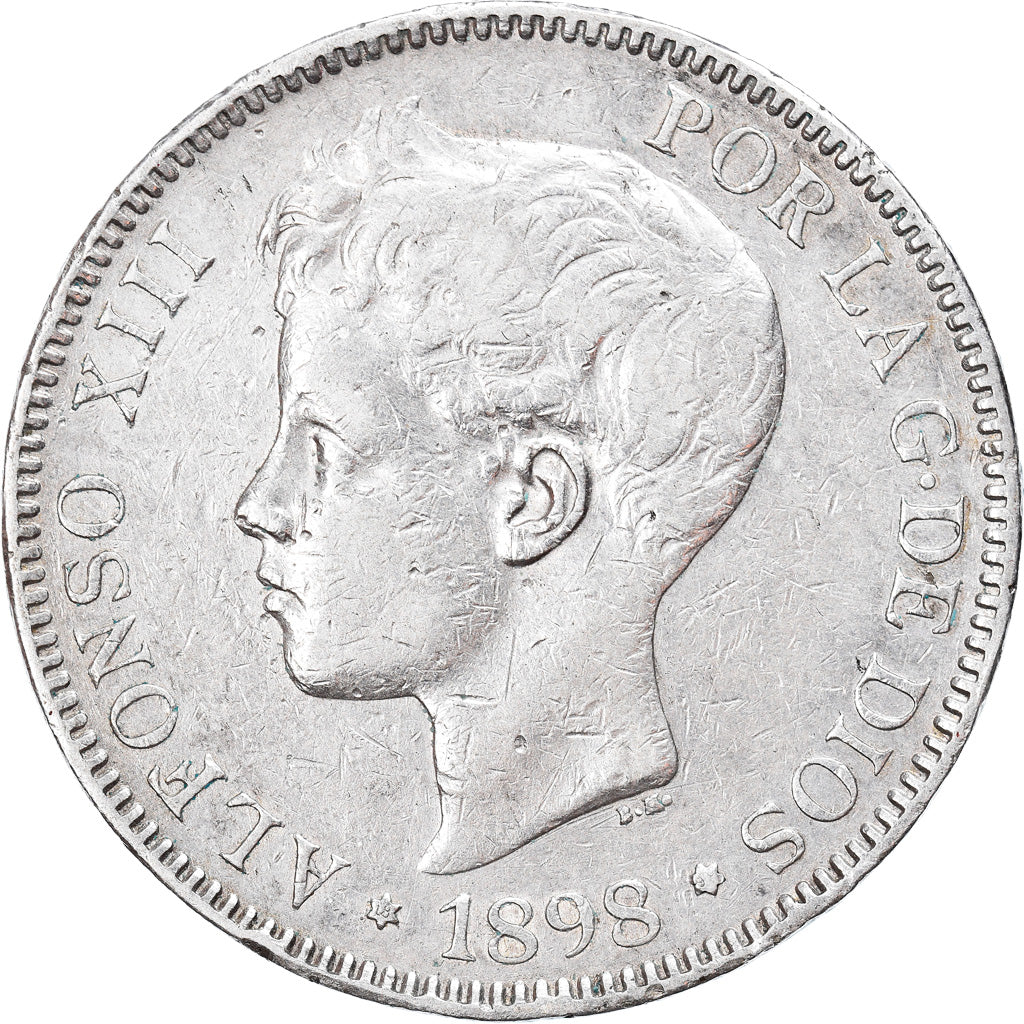Moneta, Spagna, Alfonso XIII, 5 Pesetas, 1898, Madrid, MB+, Argento, KM:707