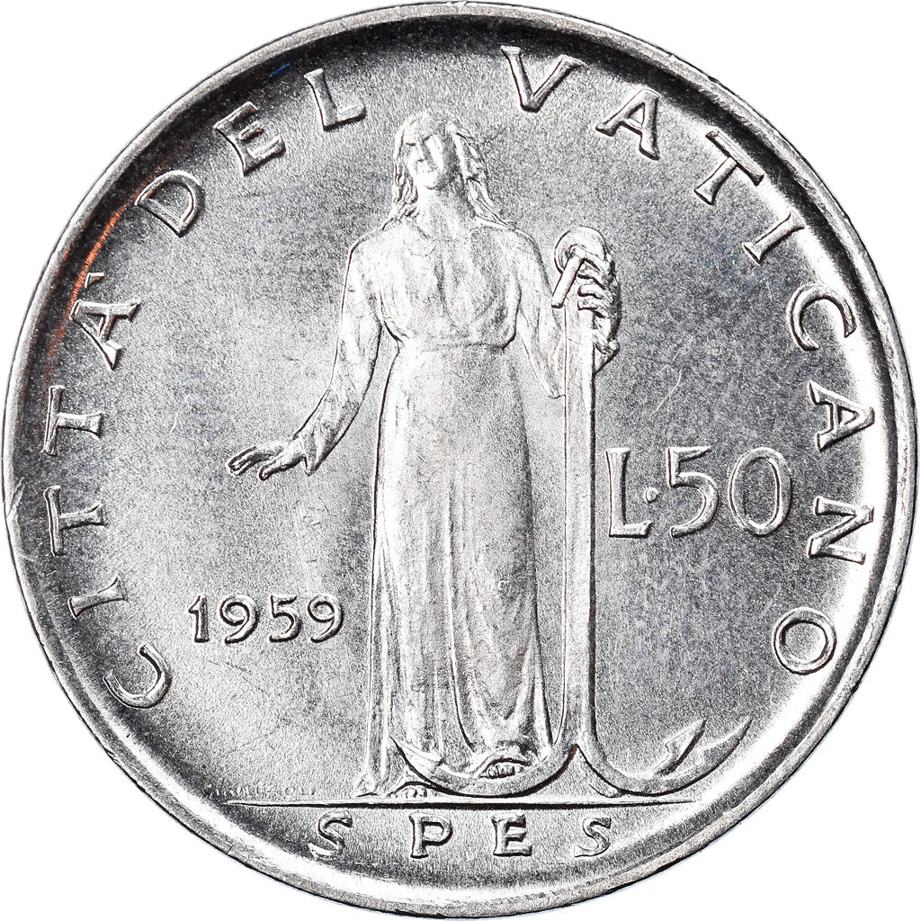 Moeda, CIDADE DO VATICANO, John XXIII, 50 Lire, 1959, MS(64), Aço Inoxidável