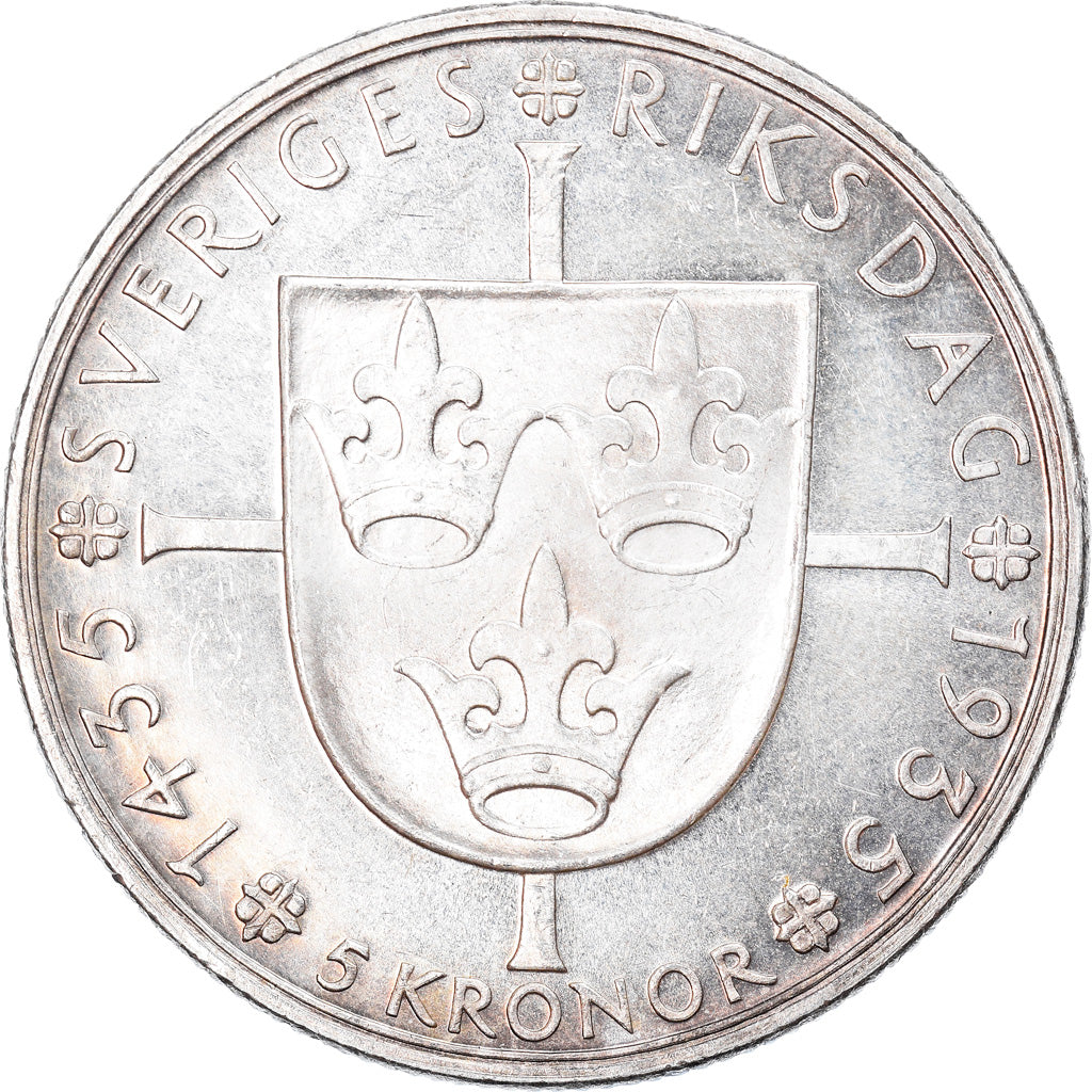 Coin, Sweden, Gustaf V, 5 Kronor, 1935, AU(55-58), Silver, KM:806