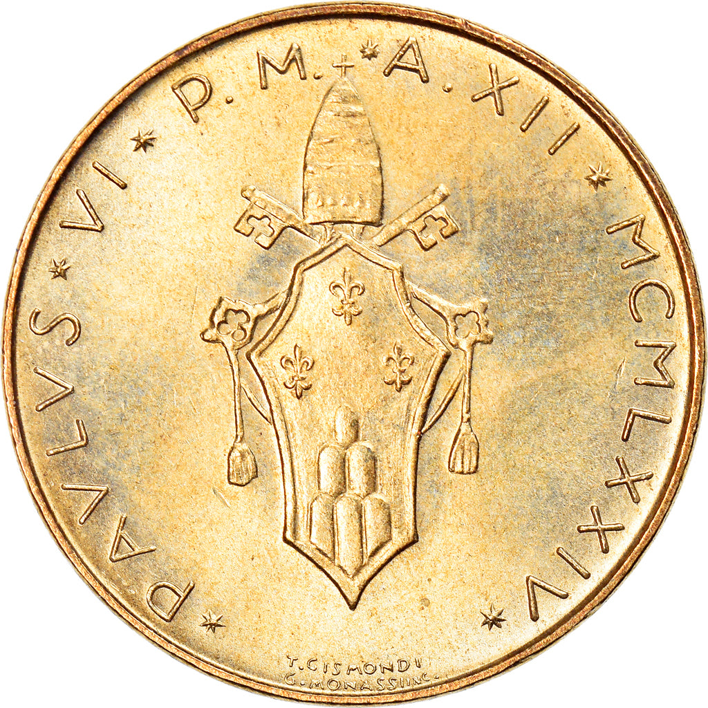 Coin, VATICAN CITY, Paul VI, 20 Lire, 1974, Roma, AU(55-58), Aluminum-Bronze