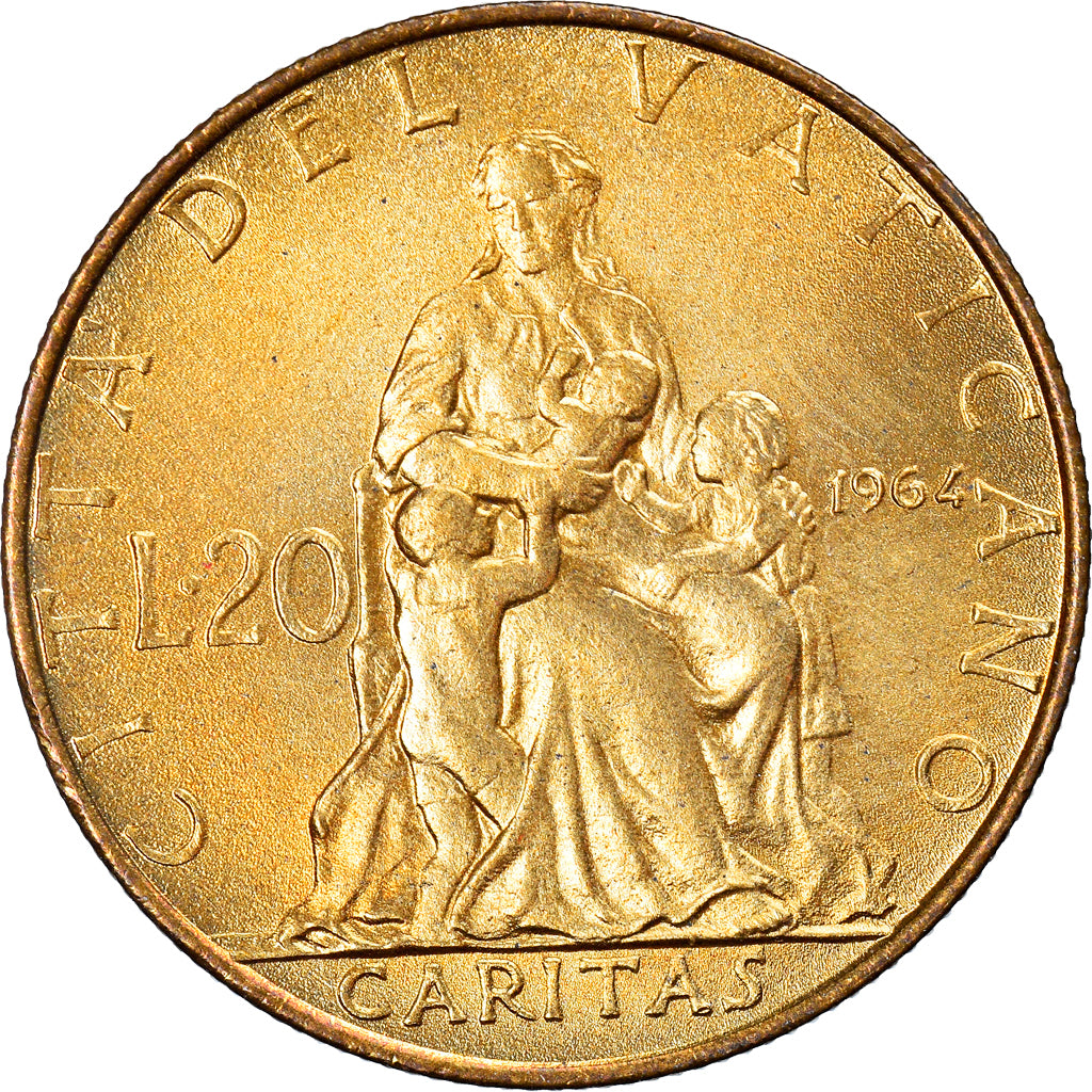 Moeda, CIDADE DO VATICANO, Paul VI, 20 Lire, 1964, MS(63), Alumínio-Bronze