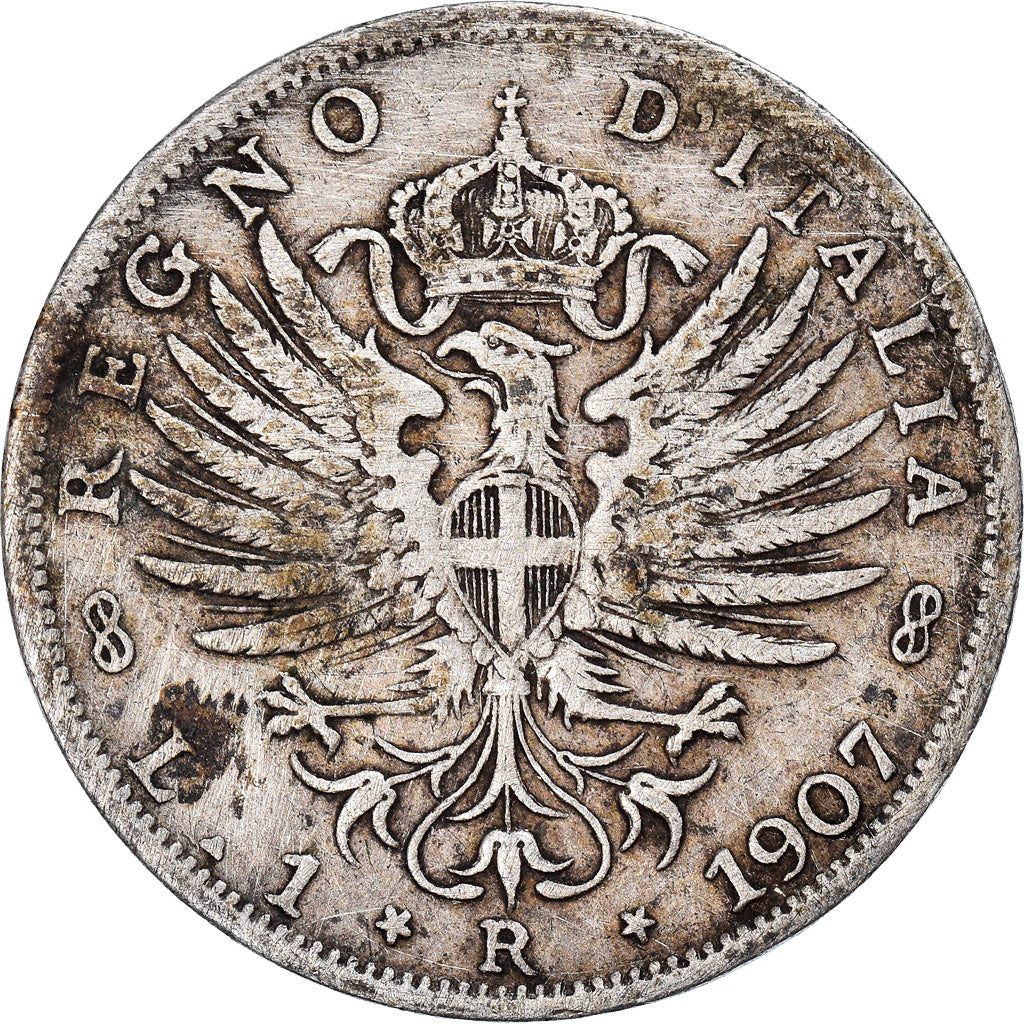 Coin, Italy, Vittorio Emanuele III, Lira, 1907, Rome, VF(20-25), Silver, KM:32