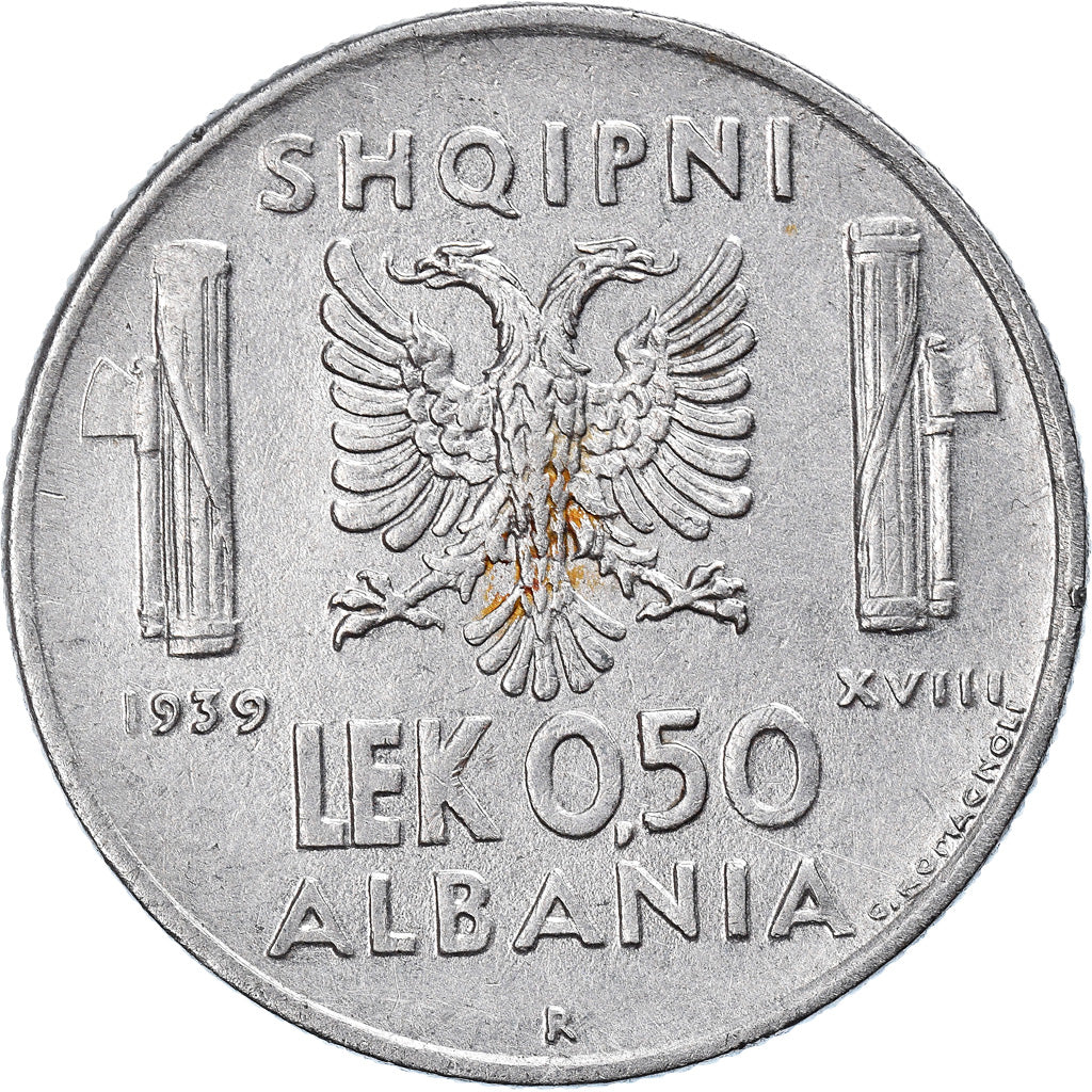 Monnaie, Albania, Vittorio Emanuele III, 0.50 Lek, 1939, Rome, TTB+, Stainless