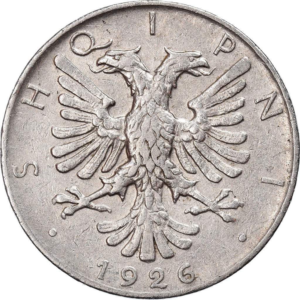 Coin, Albania, 1/2 Lek, 1926, Rome, EF(40-45), Nickel, KM:4
