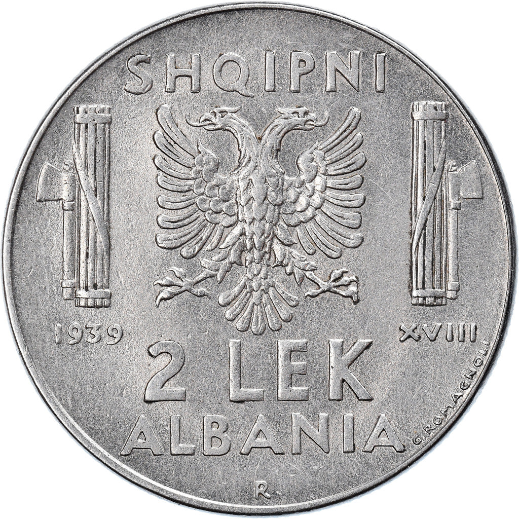 Moneta, Albania, Vittorio Emanuele III, 2 Lek, 1939, Rome, BB+, Acciaio
