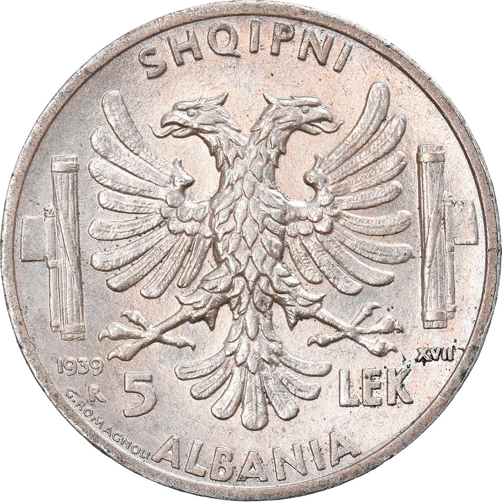 Moneda, Albania, Vittorio Emanuele III, 5 Lek, 1939, Rome, EBC, Plata, KM:33
