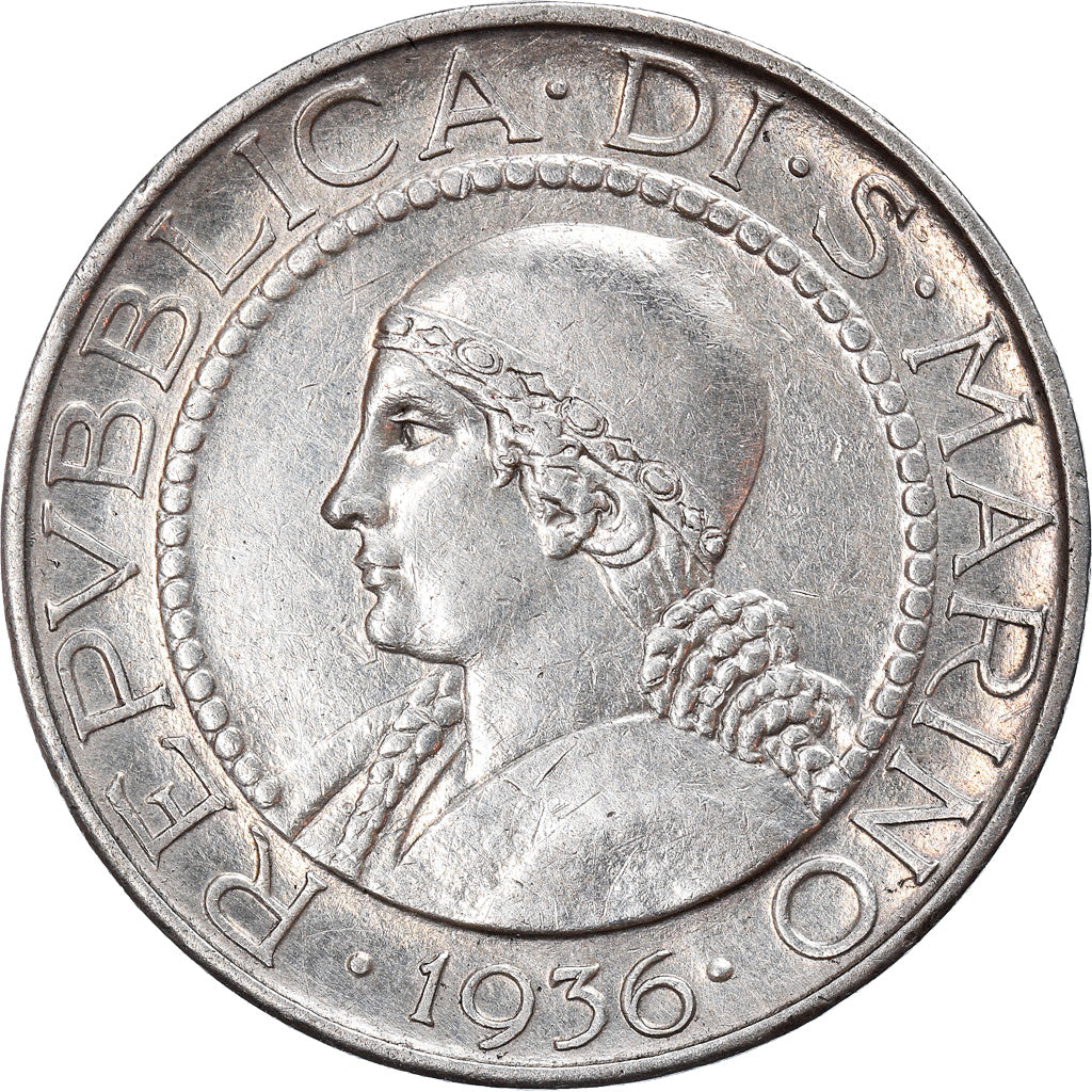 Moneda, San Marino, 5 Lire, 1936, Rome, MBC, Plata, KM:9