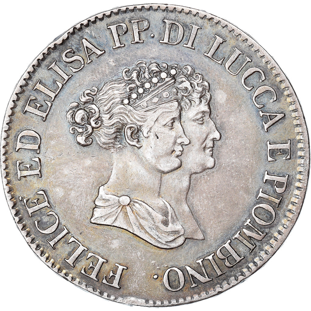 Moeda, ESTADOS ITALIANOS, LUCCA, Felix and Elisa, 5 Franchi, 1805, Firenze