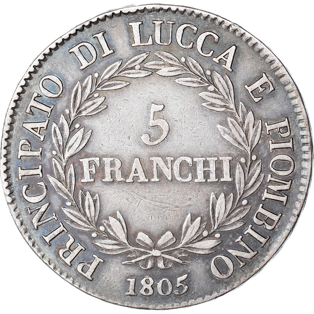 Moeda, ESTADOS ITALIANOS, LUCCA, Felix and Elisa, 5 Franchi, 1805, Firenze