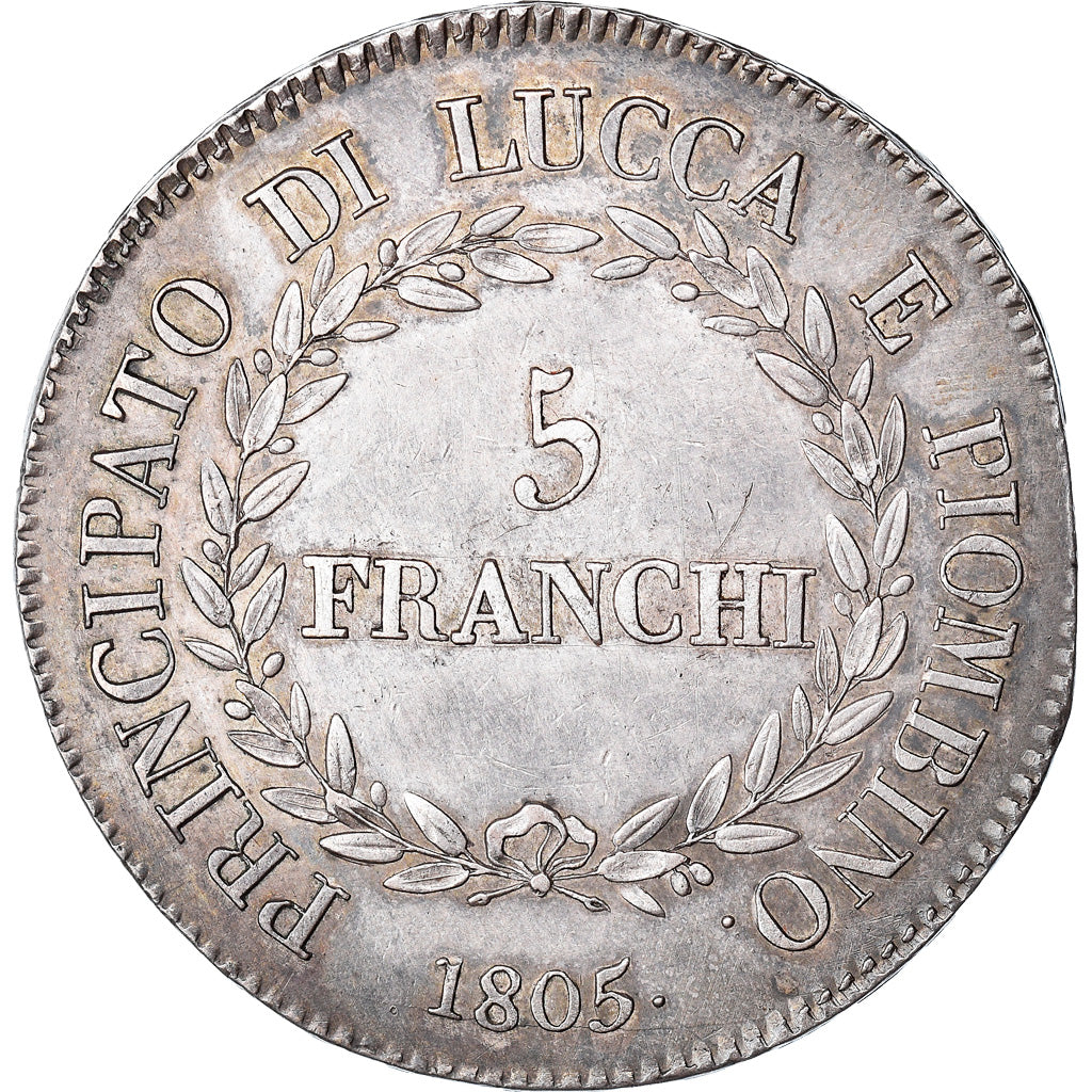 Moneta, DEPARTAMENTY WŁOSKIE, LUCCA, Felix and Elisa, 5 Franchi, 1805, Firenze