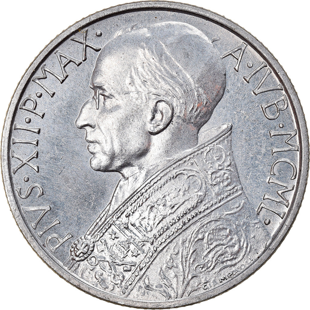 Coin, VATICAN CITY, Pius XII, 5 Lire, 1950, Roma, MS(65-70), Aluminum, KM:46