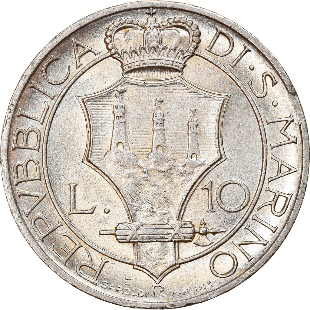 Coin, San Marino, 10 Lire, 1935, Rome, AU(55-58), Silver, KM:10