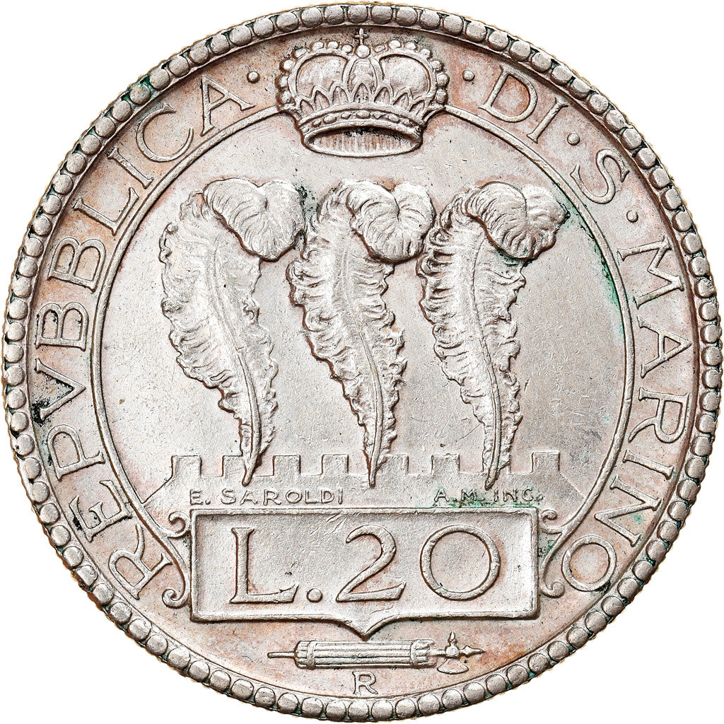 Coin, San Marino, 20 Lire, 1935, Rome, AU(55-58), Silver, KM:11