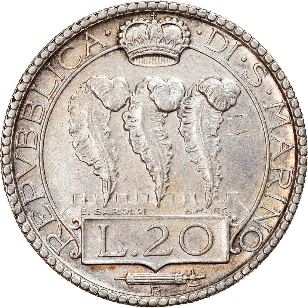 Coin, San Marino, 20 Lire, 1935, Rome, AU(55-58), Silver, KM:11