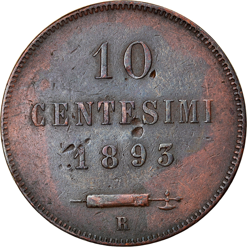 San Marino, 10 Centesimi, 1893, Roma, EF(40-45), Copper, KM:2