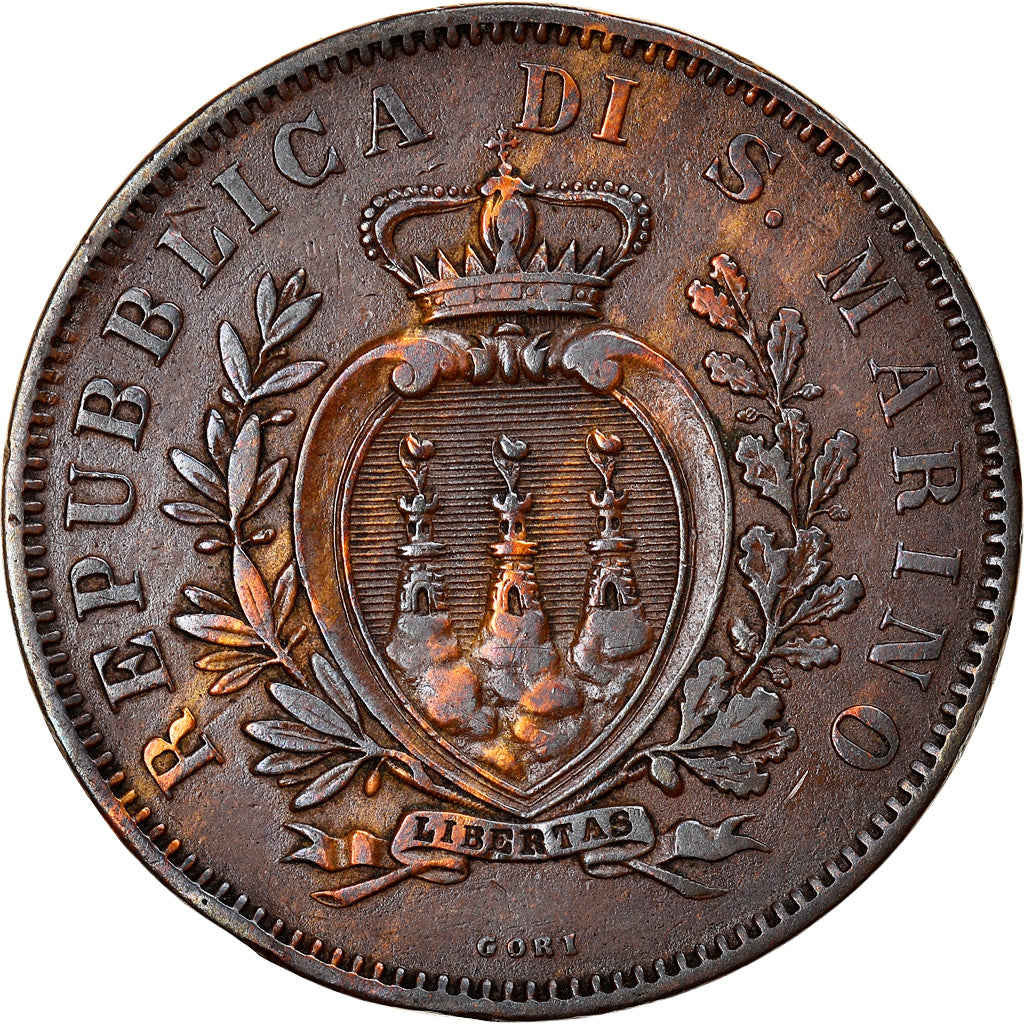 Coin, San Marino, 10 Centesimi, 1875, AU(55-58), Copper, KM:2