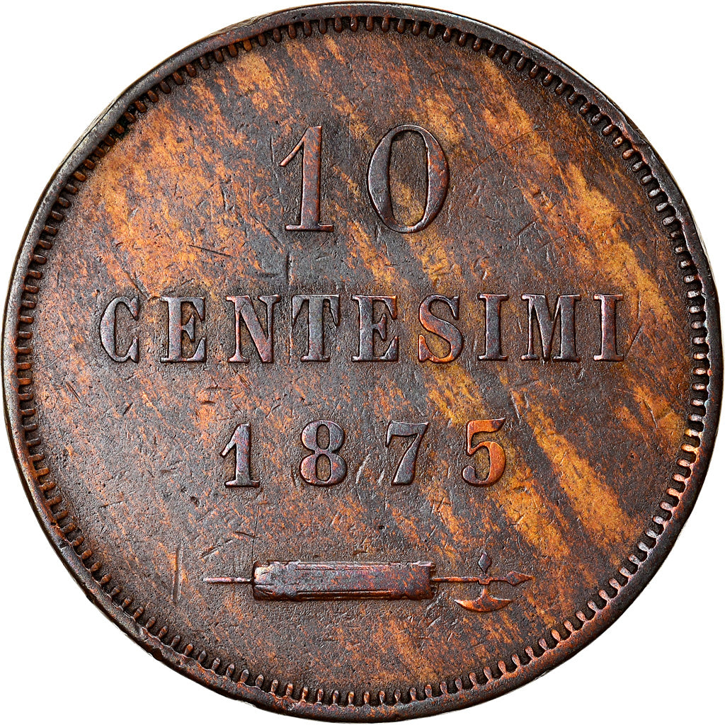 Coin, San Marino, 10 Centesimi, 1875, AU(55-58), Copper, KM:2