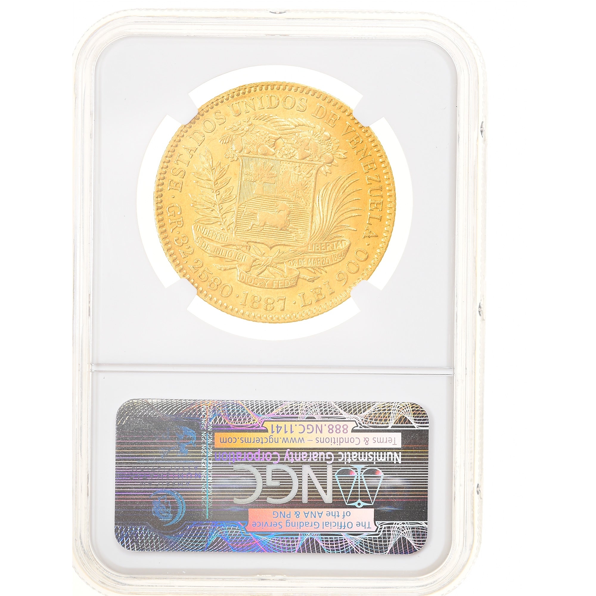 Coin, Venezuela, 100 Bolivares, 1887, Caracas, NGC, AU58, AU(55-58), Gold