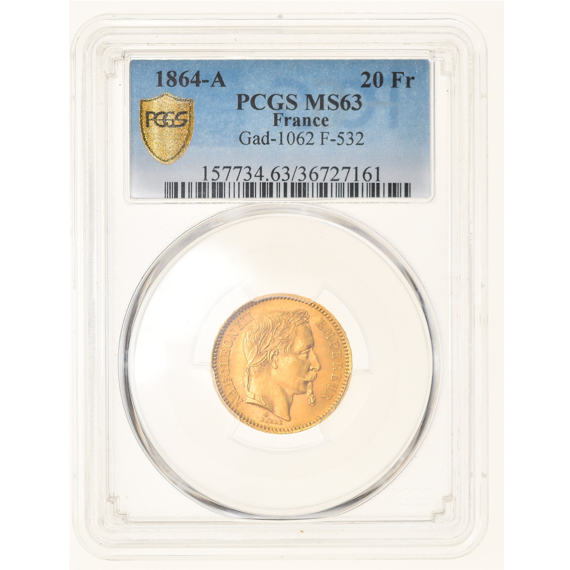 Coin, France, Napoleon III, Napoléon III, 20 Francs, 1864, Paris, PCGS, MS63