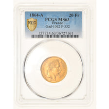 Coin, France, Napoleon III, Napoléon III, 20 Francs, 1864, Paris, PCGS, MS63