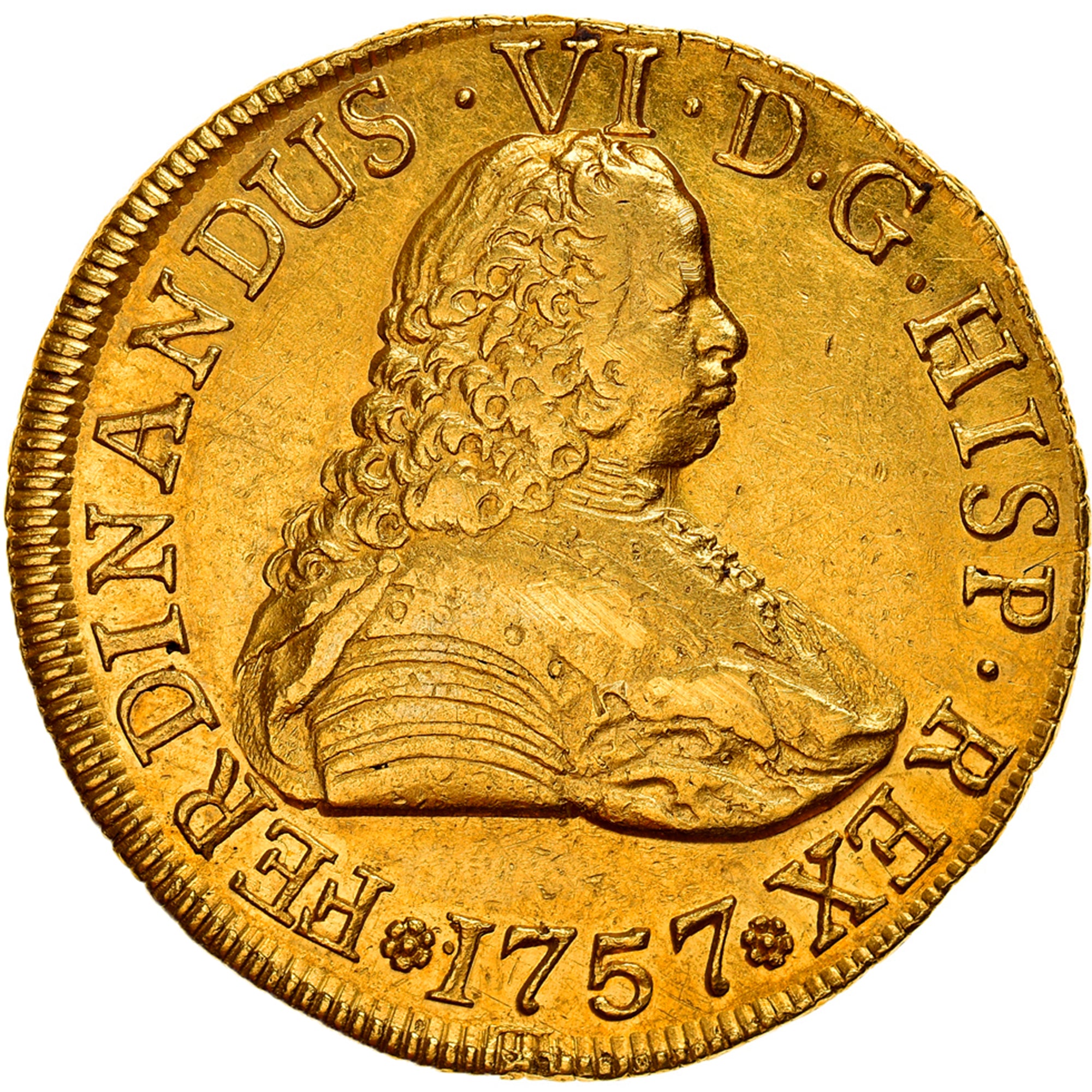 Moneta, Chile, Fernando VI, 8 Escudos, 1757, Santiago, AU(55-58), Złoto, KM:3
