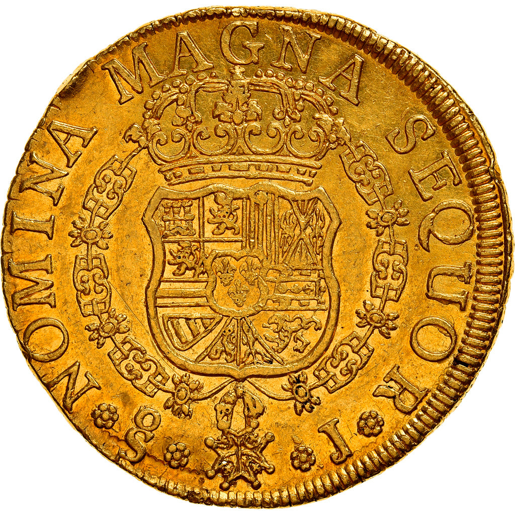 Moneta, Chile, Fernando VI, 8 Escudos, 1757, Santiago, AU(55-58), Złoto, KM:3