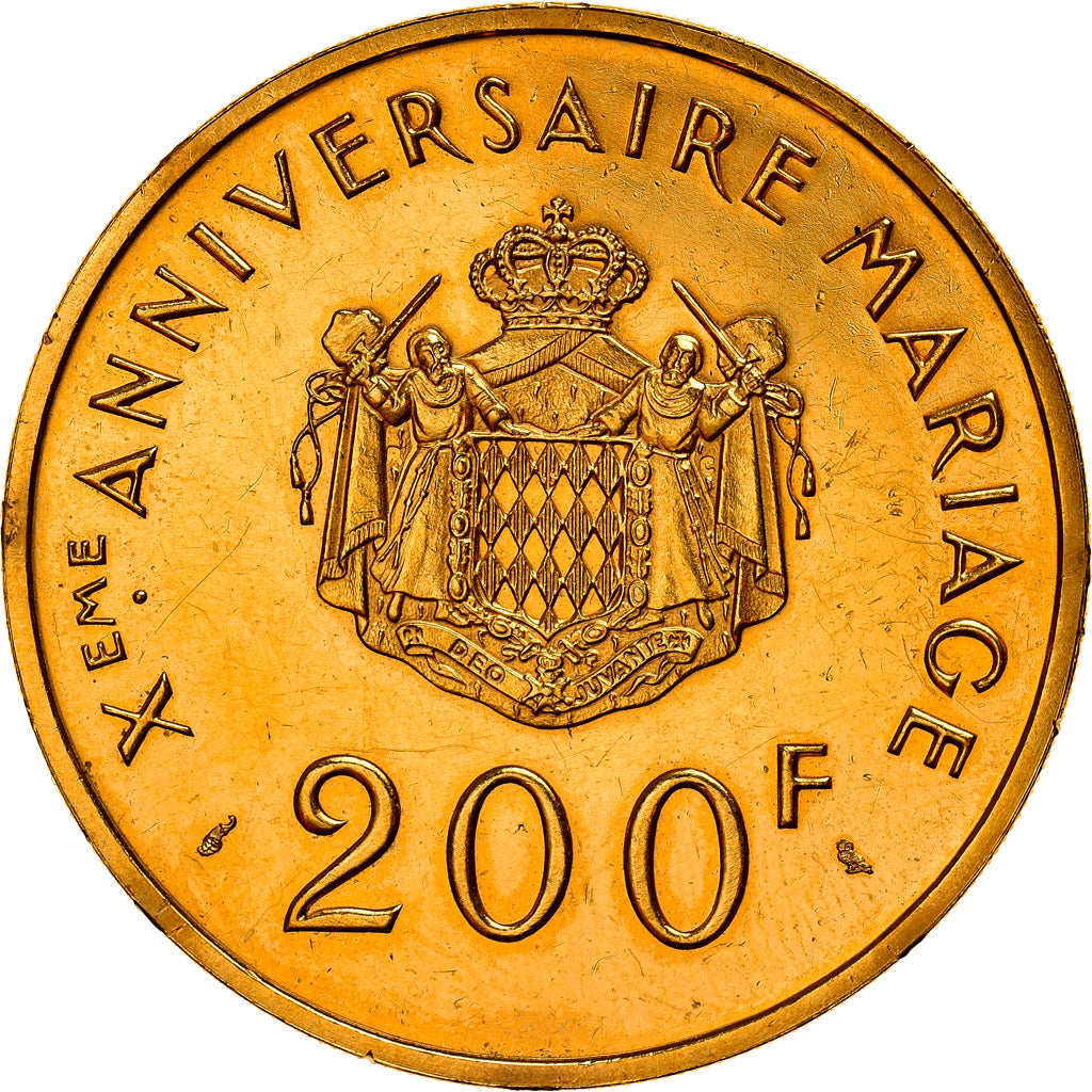 Moeda, Mónaco, Grace et Rainier III, 200 Francs, 1966, Paris, MS(63), Dourado