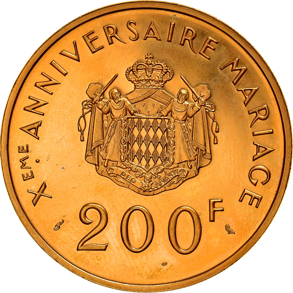 Coin, Monaco, Grace et Rainier III, 200 Francs, 1966, Paris, MS(63), Gold, KM:M2