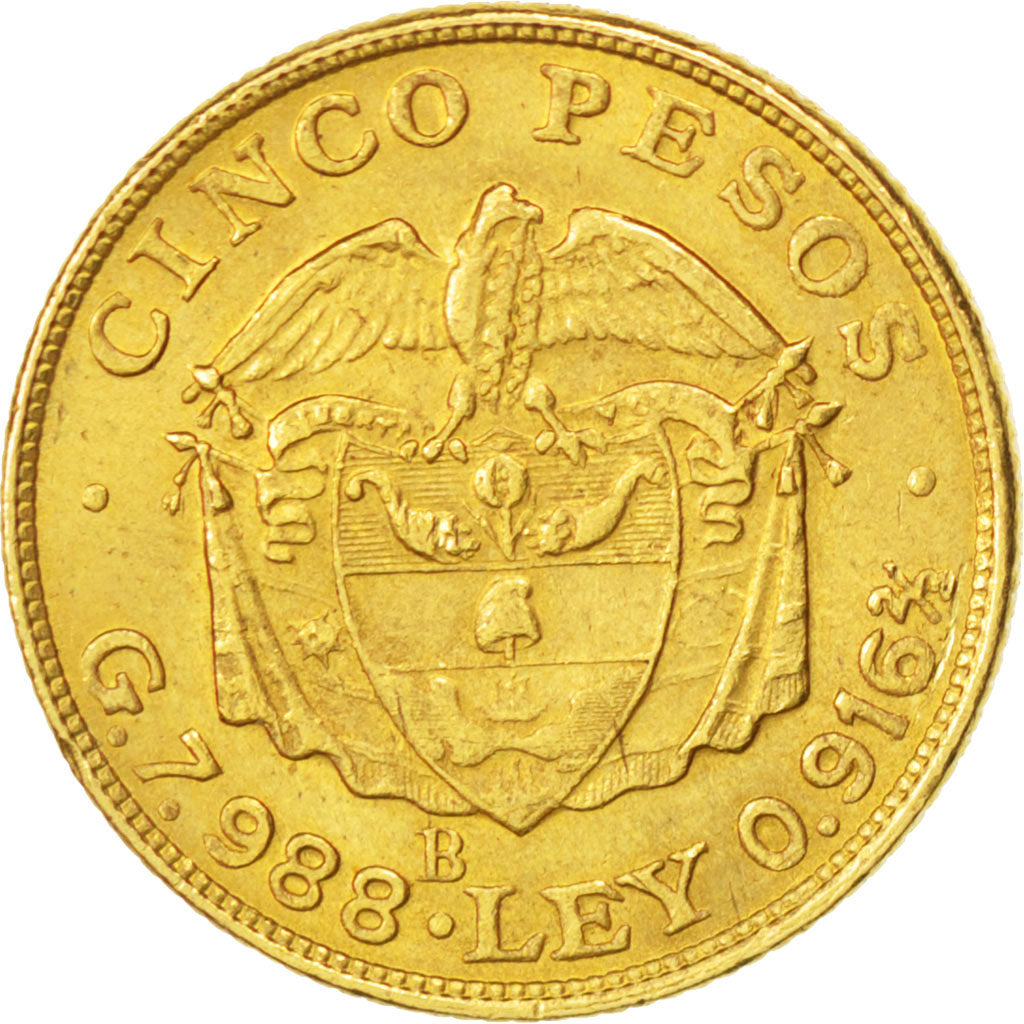 Coin, Colombia, 5 Pesos, 1924, AU(55-58), Gold, KM:201.1