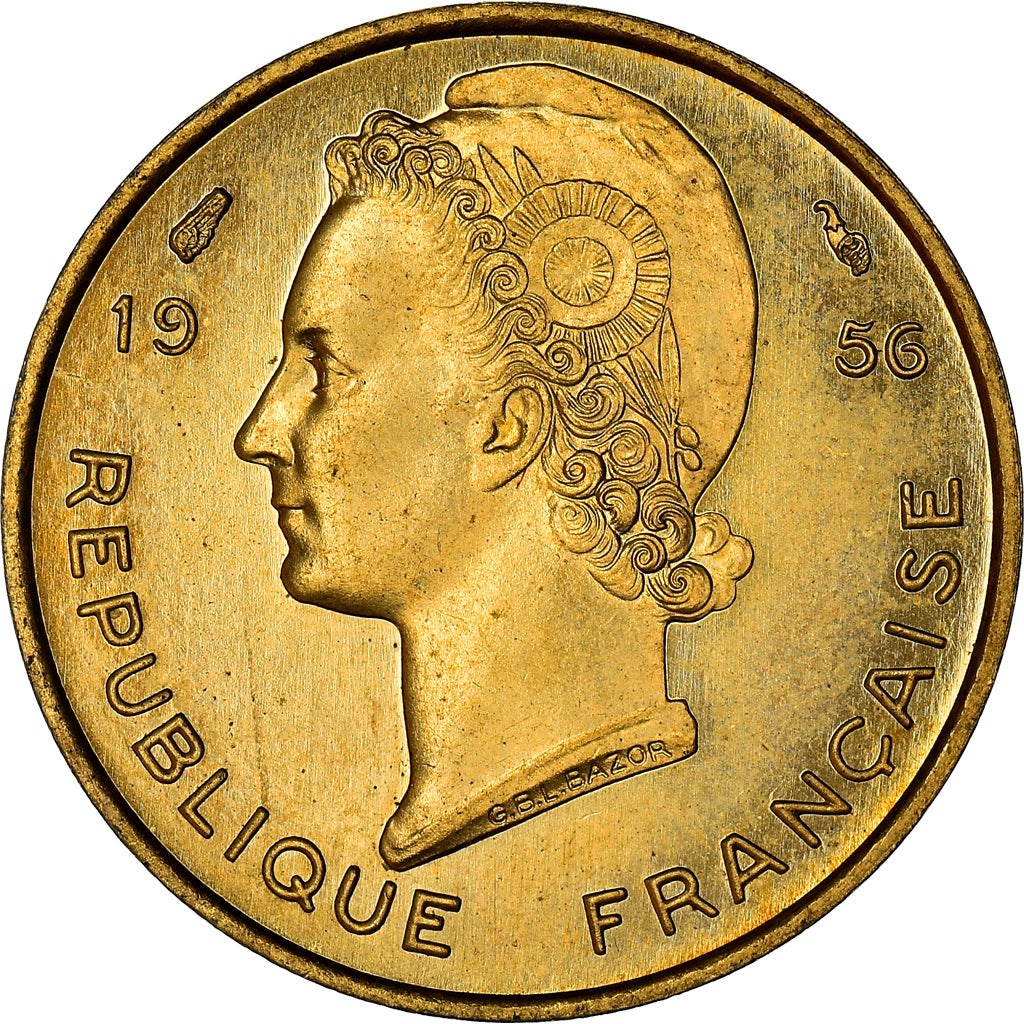 Moeda, África Ocidental Francesa, 5 Francs, 1956, MS(65-70), Alumínio-Bronze