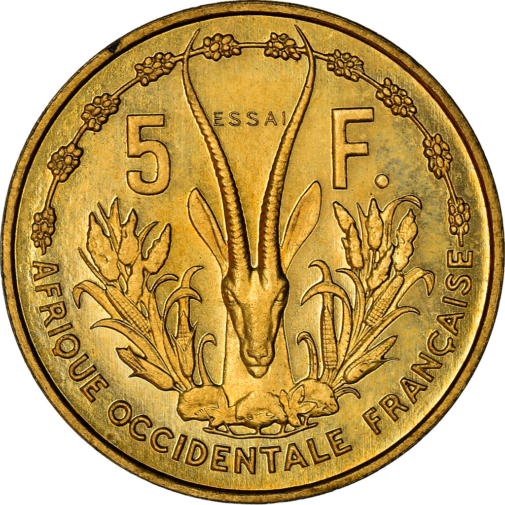 Moeda, África Ocidental Francesa, 5 Francs, 1956, MS(65-70), Alumínio-Bronze